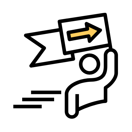 Person holding a flag with an arrow symbol. Line art. 